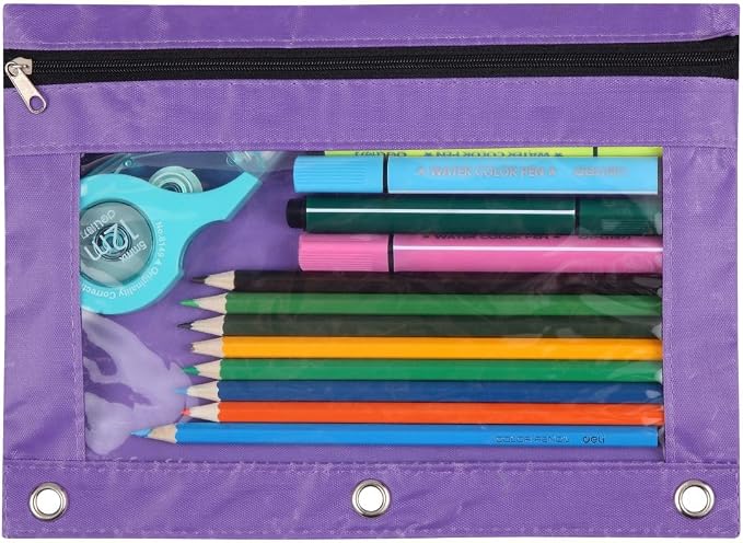 3-Ring Pen Pencil Pouch with Clear Window Stationery Bag Binder Case Classroom Organizers Purple