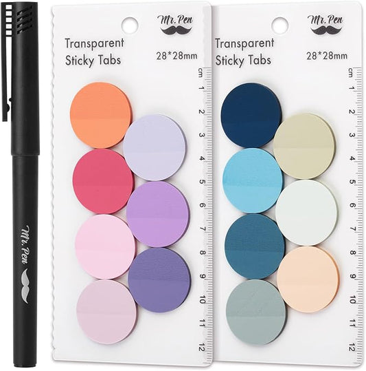 Mr. Pen- Round Transparent Sticky Notes, 1.1” Diameter, 14 Pads, 560 Sheets | Colorful, Water-Resistant See-Through Sticky Notes & Fineliner, Smooth Writing, Note Tabs for Bible Journaling, Studying