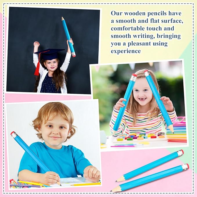 Back to School Gifts for Students 2 Pcs 16 Inch Giant Pencils Wooden Jumbo Pencils Prop Decor Funny with Cap Eraser Large Fun Novelty Gifts for Kids School Kindergarten Home Office(Blue)