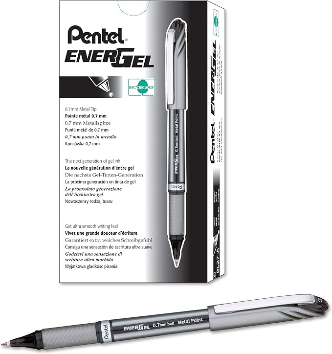 Pentel EnerGel NV Liquid Gel Pen, (0.7mm), Medium Line, Capped, Metal Tip, Black Ink, Box of 12 (BL27-A)