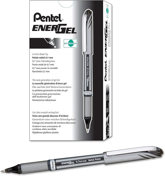 Pentel EnerGel NV Liquid Gel Pen, (0.7mm), Medium Line, Capped, Metal Tip, Black Ink, Box of 12 (BL27-A)