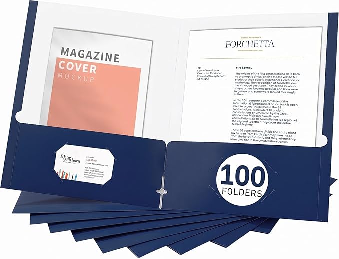 Zzrywuty File folders with Pockets,Navy Blue Two folders for documents,100 Pack Paper Folders with Card Slot,Letter Size,School Students,Business,Home and Office Workers