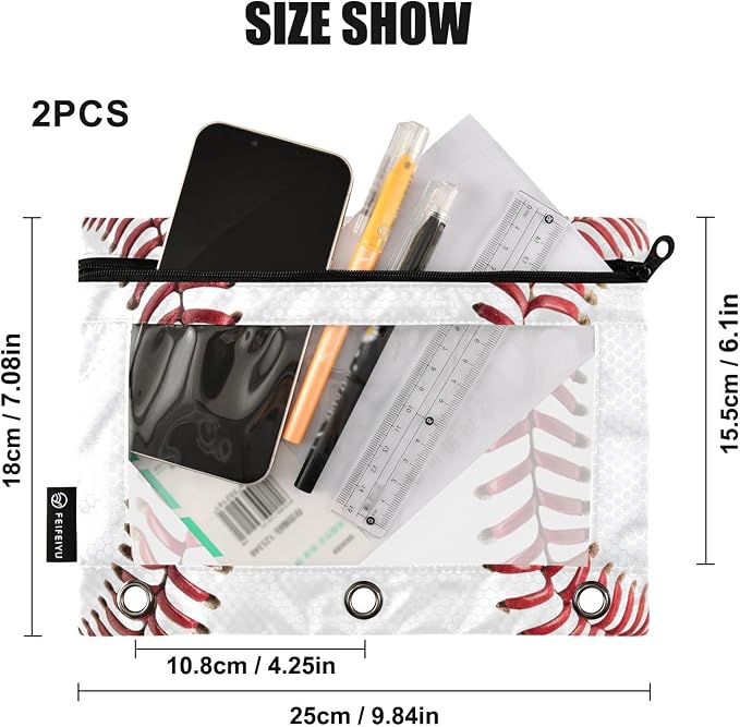 Baseball Pencil Pouches for 3 Ring Binder, Zipper Binder Pencil Case, 2 Pack Clear Window Case Bag for Office Organizers