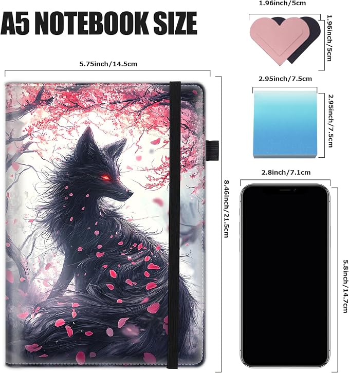 Hardcover Executive Notebooks, A5 PU Leather Lined Journal Notebook, 200 Pages Thick Paper Subject Notebooks for School,Work,Home Writing Business Notebook, Diary Book ，Kitsune Fox