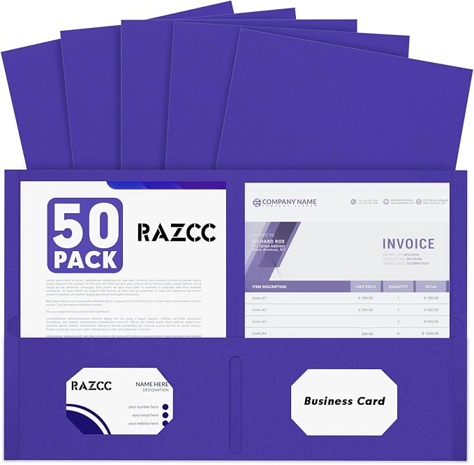 Two Pocket Folders, RAZCC 50 Pack 2 Pocket Folders Fit Letter Size Paper, Paper Folders with Pockets for School Office Business Home (Purple)