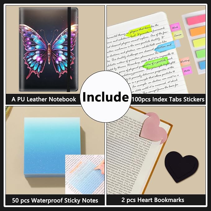 A5 Leather Lined Journal Notebook, 200 Pages Hardcover Executive Notebook for Men Women Office School Note Taking, Thick Writing Paper Daily Journal with Bookmarks/Indexes, Colorful Butterfly