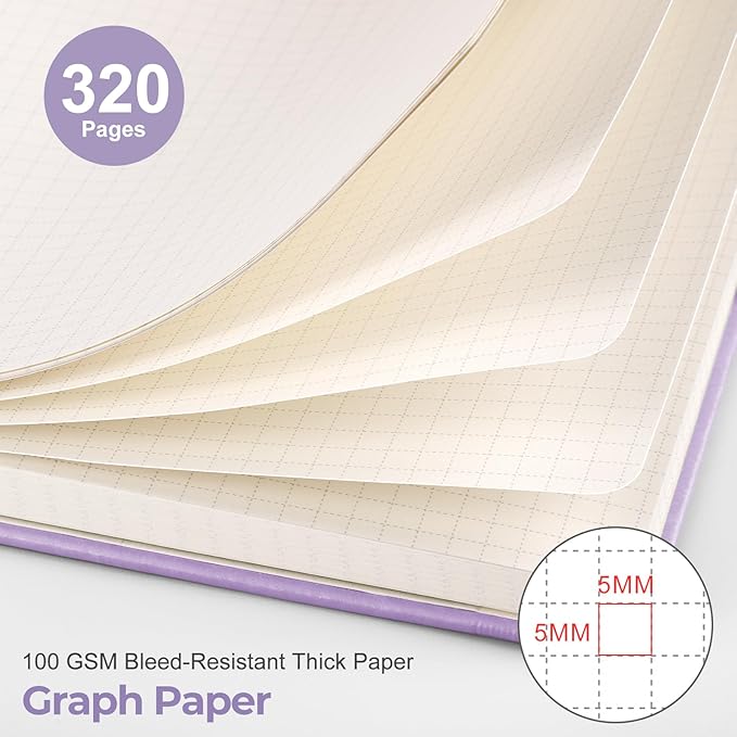 EMSHOI Graph Grid Journal Notebook, 320 Pages, A5 Size (5.7'' x 8.3'') | Leather Hardcover, 100 GSM Thick Paper, for School, Note Taking, Math, Engineering, Sun Debossed (Light Purple)