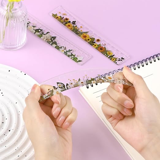 BAYTORY 4 Pack Clear Plastic Rulers 6 Inch, Aesthetic Acrylic Small Ruler | Measuring Drafting Metric Bulk Mini Ruler with Centimeters for School Home Office (Clear Flower 6 Inch)