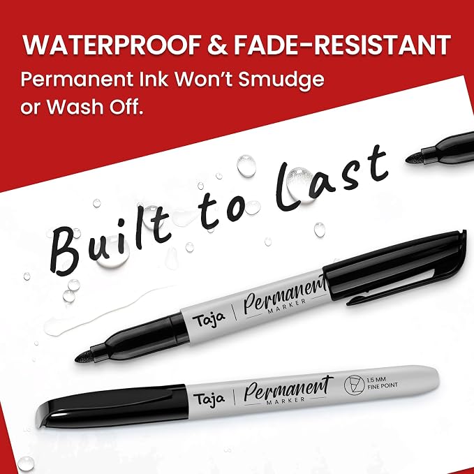 Taja (100 Counts) Permanent Markers, Fine Tip, Black, Quick-Drying and Fade-Resistant Bulk Marker Set for Writing and Sketching on Wood, Plastic, Metal, Glass, Perfect for School and Office Supplies