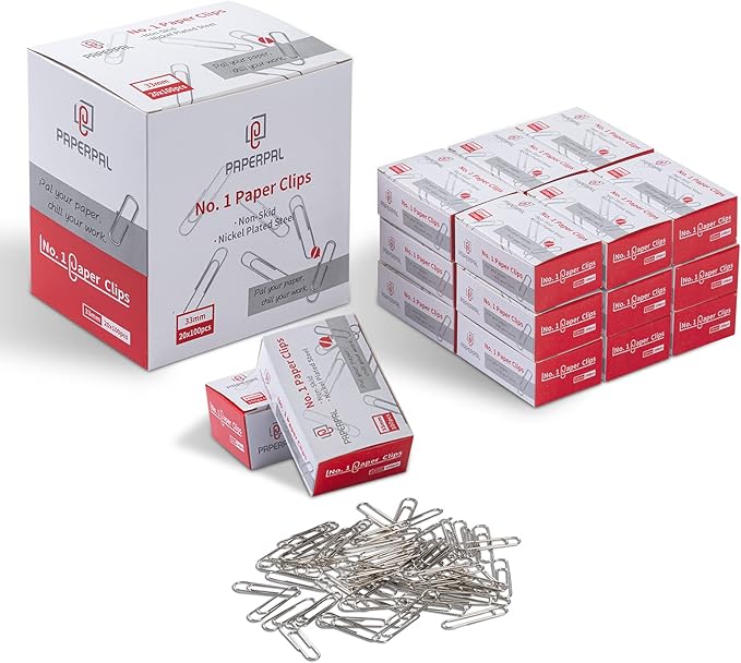 PAPERPAL Paperclips for Office School & Personal Use, #1 Nonskid Paper Clip (1-2/7"), 2000 Medium Paper Clips (20 Boxes of 100 Each), Silver | Value bulk pack of 2,000 medium non-skid paper clips for offices, schools and businesses, packed in 20 boxes ...