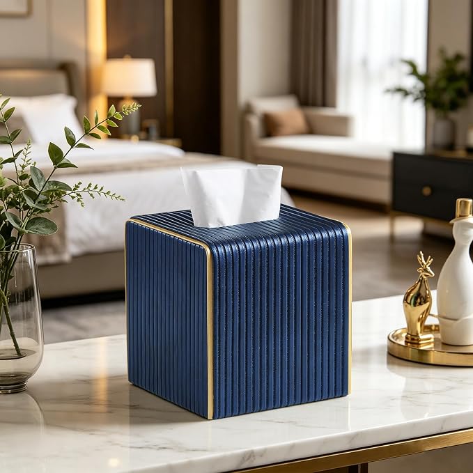Square PU Leather Tissue Box Cover with Magnetic Closure, Decorative Tissue Holder & Storage Container for Bedroom, Living Room, Dining Room, Bathroom, Countertop, Desk (Square Blue)