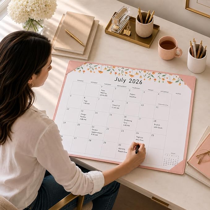 Gannyfer Desk Calendar 2026-2027 with Desktop Mat, Large 22" x 17" Desk Pad Calendar, 18-Month Calendar July 2026-Dec 2027, Office Supplies for Home School Office, Pink with 6 Stickers