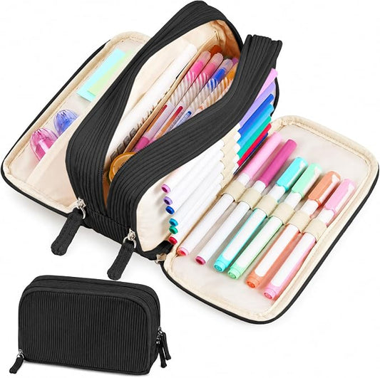 Sooez Big Capacity Pencil Case Pen Pouch, Soft Corduroy Pencil Bag with 3 Compartment, Multiple Pockets, Sturdy Zipper, Cute School Supplies Pen Bag Organizer For Teen Girls College, Black