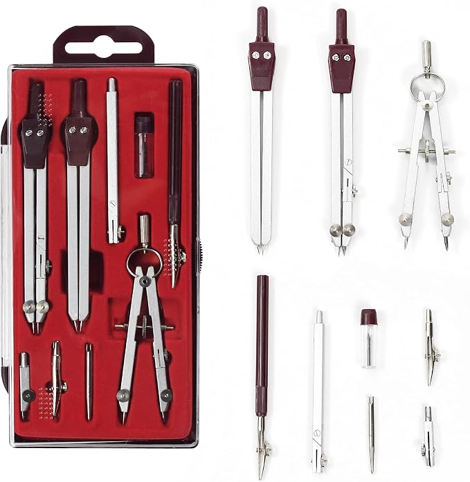 UNJOO 9Pc Geometry Set Metal Compass, Geometry Precision Tool (Red) | Circle Drawing Tool and Architecture, Drafting Kits for Engineer with Shatterproof Storage Box