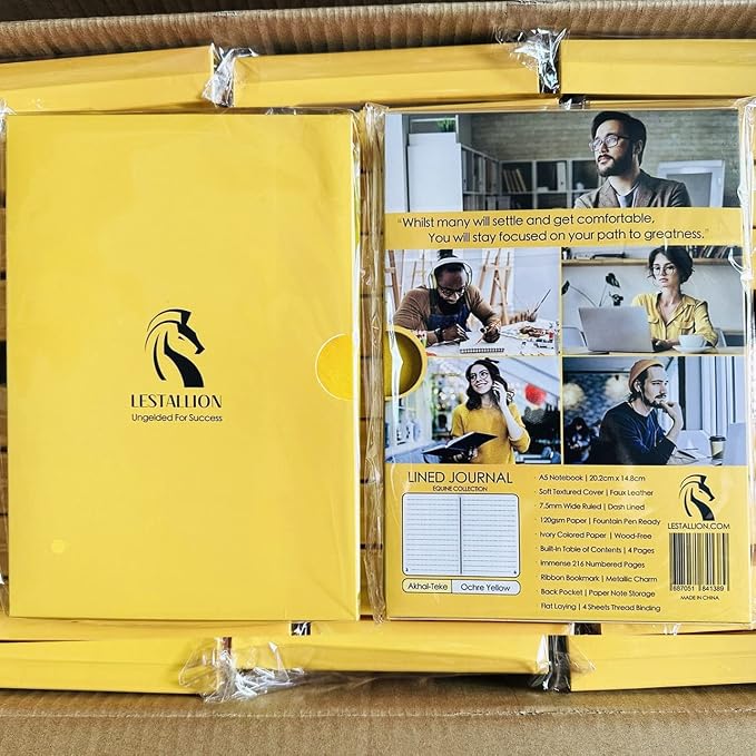 LeStallion 120GSM Yellow Notebook - A5 Yellow Lined Journal - 211 Numbered Ruled Pages | Table Contents | Soft Cover | Faux Leather