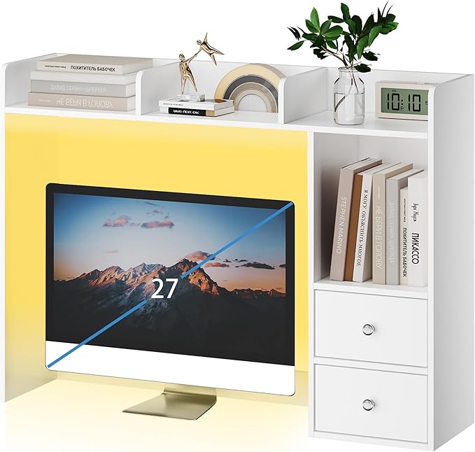 ChooChoo Desktop Bookshelf with LED Lights, 36.6" Dorm Desk Hutch with 4 Shelves and 2 Drawers, Fits 27" Monitor, Desk Organizer Shelf for Dorm Office Home, White