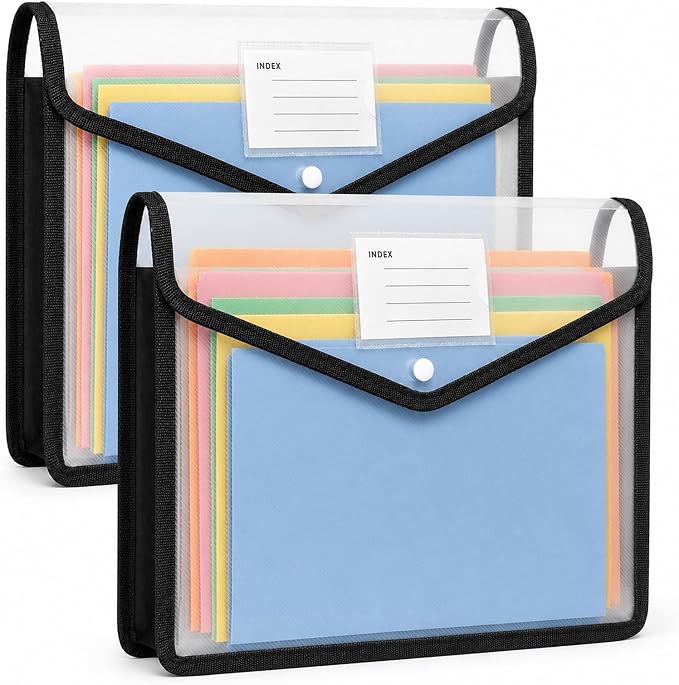 2 Pack Clear Expanding File Organizer Envelope Important Document Folder with Snap Closure Plastic Document Holder File Folder Large Capacity with Black Trim Fit Letter/A4 Size