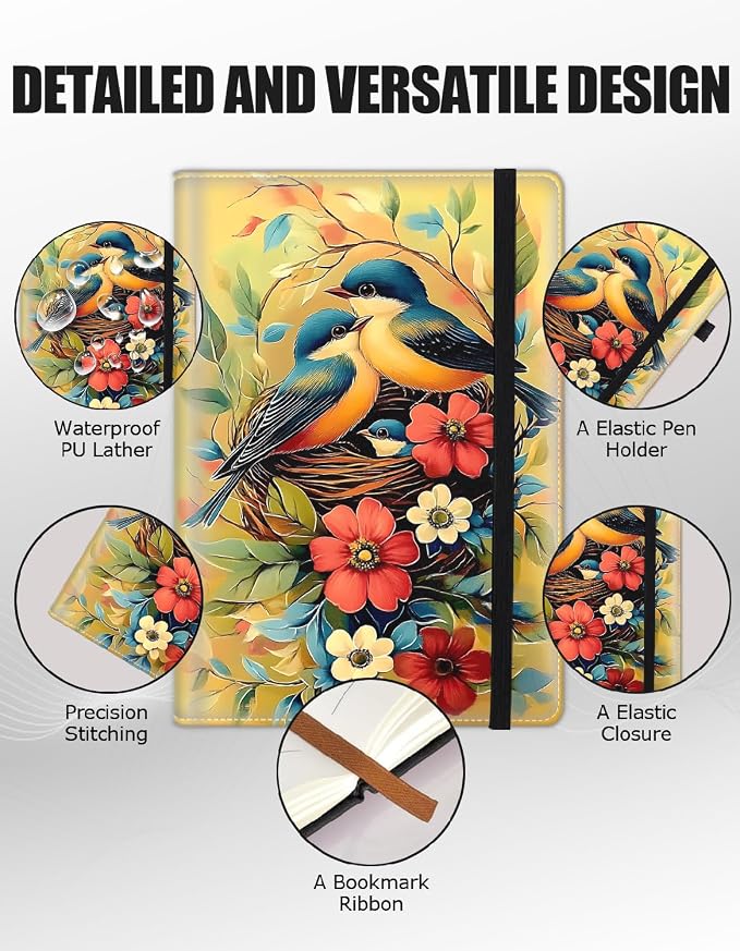 Hardcover Executive Notebooks, A5 PU Leather Lined Journal Notebook, 200 Pages Thick Paper Subject Notebooks for School,Work,Home Writing Business Notebook, Diary Book ，Colorful Birds and Flowers