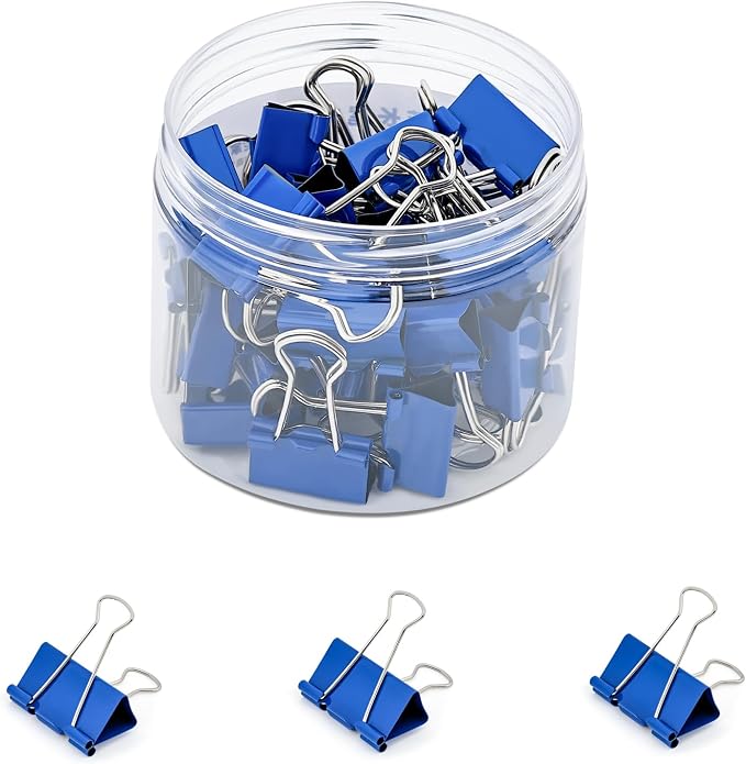 Temiary 40 Pcs Binder Clips, 0.75 Inch Mini Metal Binder Paper Clip with Container, Blue Small Paper Clamps Bulk for Office, Home, School Supplies