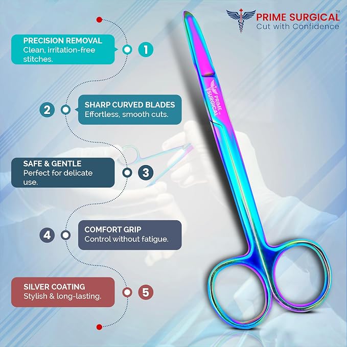 Suture Stitch Scissors 5” (13 cm) Straight – German Steel, Rainbow Titanium Coating, Delicate Hook Tip for Precision Ideal Suture Removal kit, First Aid, Hospitals, EMS & Veterinary Use