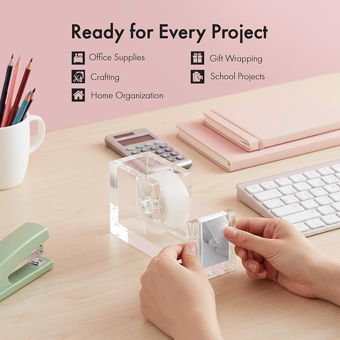 OfficeGoods Acrylic Tape Dispenser – Modern Desk Organizer for Office Supplies, Heavy Duty Refillable Tape Holder for Home and School Crafting, Stylish Desktop Accessory for Gift Wrapping, Silver