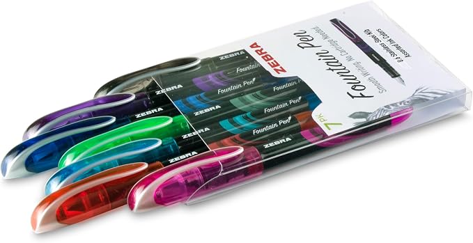 Zebra Pen, Fountain Pen, 0.6mm Fine Point, Stainless Steel Nib, Preloaded Assorted Ink, Smooth Ink Flow, Vibrant Assorted Barrels, No Cartridge Needed, 7-Pack (48307)