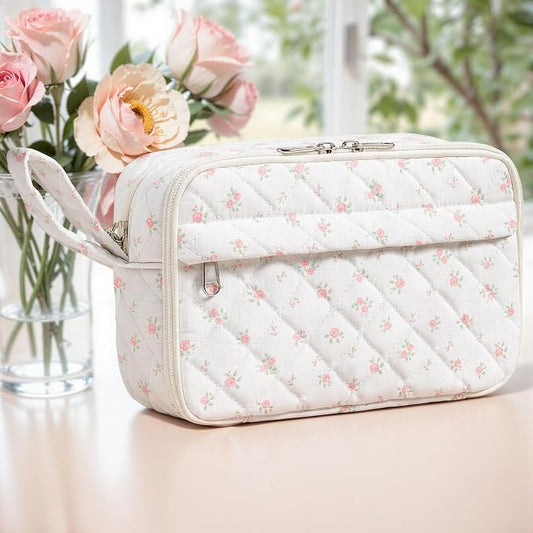 WOBAGMEN Quilted Pencil Pouch for Women, Large Capacity Pencil Case with Compartments, Cute Aesthetic Pencil Organizer, Floral Stationery Pouch（Pink mini Floral）