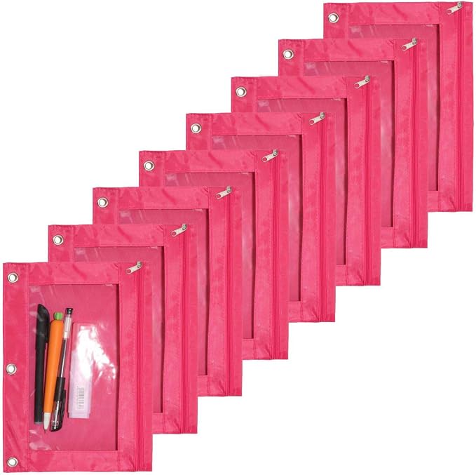 Zippered Pen Pencil Binder Pouch | 3 Rings with Clear Window for School Classroom Organizers 8 Pcs (rose red)