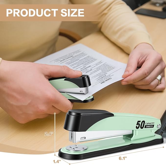 Deli Stapler Heavy Duty, Full Strip Staplers for Desk with 2000 Staples and Staple Remover, 50 Sheet Capacity, No Jam, Non-Slip Office Stapler with Staples for Office, Classroom, Green