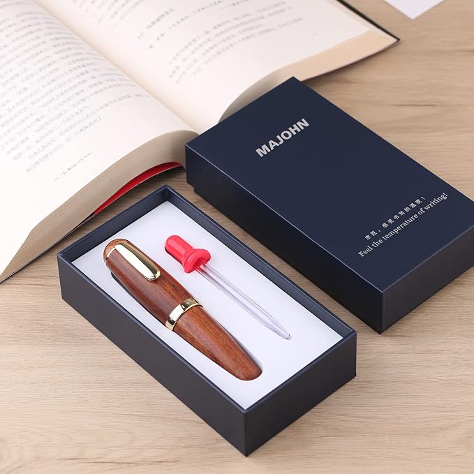Majohn Q1 Fountain Pen Medium Nib Brown Wood, Little Fat Man Eyedropper Filling Pocket Pen Large Capacity