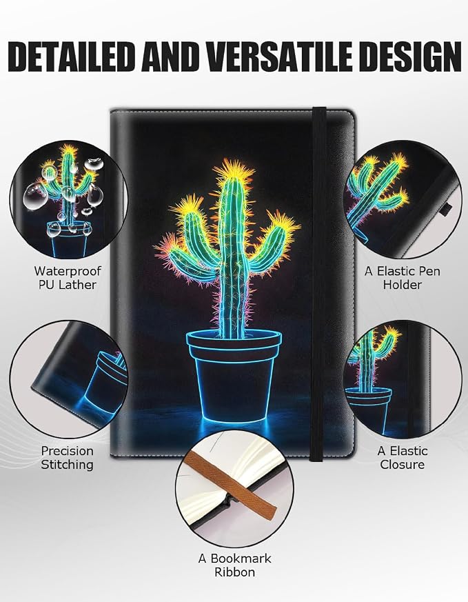 Hardcover Executive Notebooks, A5 PU Leather Lined Journal Notebook, 200 Pages Thick Paper Subject Notebooks for School,Work,Home Writing Business Notebook, Diary Book ，Neon Small Cactus
