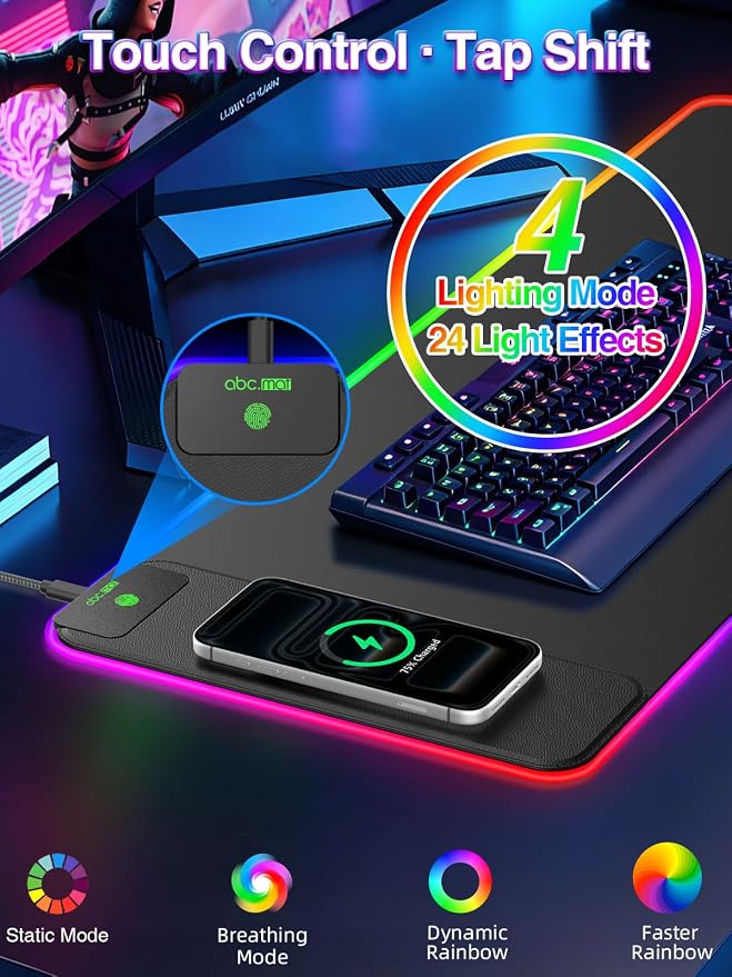 XL RGB Gaming Mouse Pad with 15W Magnetic Wireless Charging, 31.5'' x 11.8'' Extra Large LED Mousepad, 24 Lighting Effects Desk Mat with Non-Slip Rubber Base, Waterproof Ultra-Smooth Surface