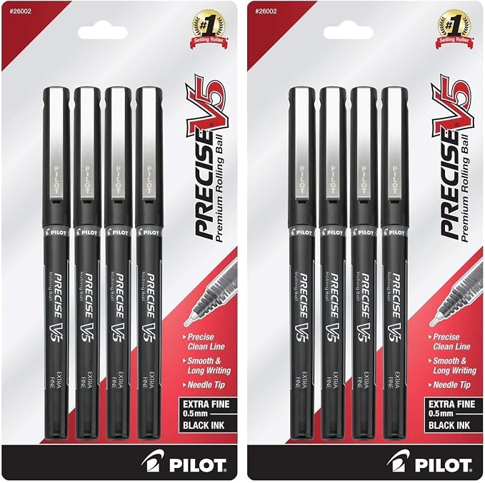 PILOT,Precise V5,Capped Liquid Ink Rolling Ball Pens,Extra Fine Point 0.5 mm,Black,4 Count (Pack of 2)