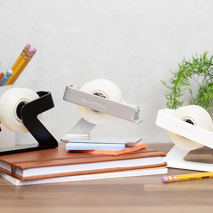 ELYPRO Modern Tape Dispenser for Office Desk - Elegant and Minimalist Design, Heavy Metal Made, Space-Saving, Perfect for Office & Home Use or as a Stylish Gift - Bonus Tape Roll Included (Black)