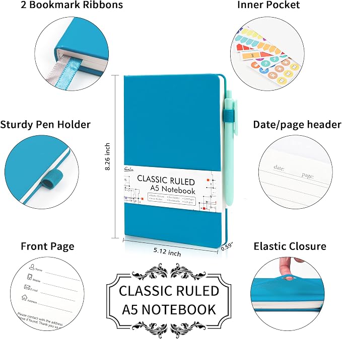 feela 3 Pack Notebooks Journals Bulk, Hardcover Notebook Classic Ruled Lined Journal Set with Pen Holder for Work Business Journaling Note Taking, with 3 Black Pens, 120 GSM, 5.1”x8.3”, A5, Teal