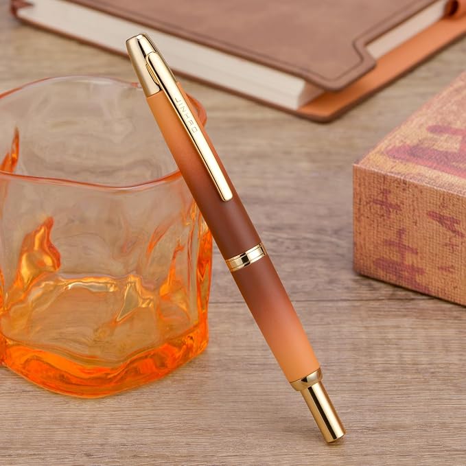 Jinhao 10 Press Fountain Pen with Box, Caramel Orange Gradient Retractable Medium Nib with Ink Converter Set (Golden Clip)