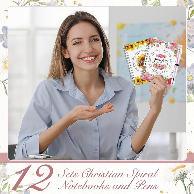 Colarr 12 Sets Christian Notebooks Bulk Christian Gifts for Women Pen and Notebook Gift Set Religious Prayer Journal for Woman Church Scripture Note Books with Bible Verse Pens(Floral Border)