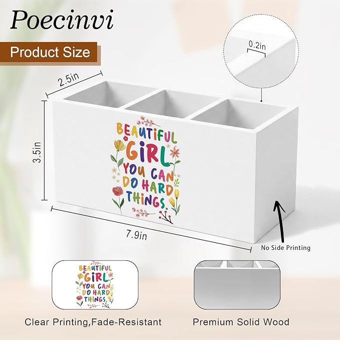 Boho Colorful Floral Inspirational Pen Holder for Home Office Desk, Beautiful Girl You Can Do Hard Things Motivational Wooden Box Sign Pencil Holder for Desk Shelf Organizer