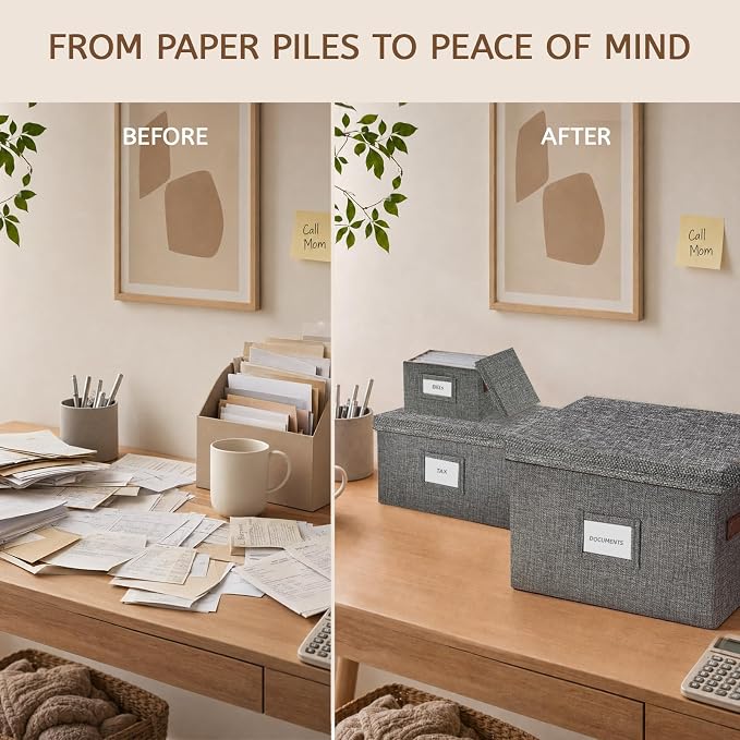 2-Pack Collapsible Letter Storage Bins with Lid, Grey | Office files & board games | Faux leather handles & label window | Dust-proof | Includes labels & glue dots