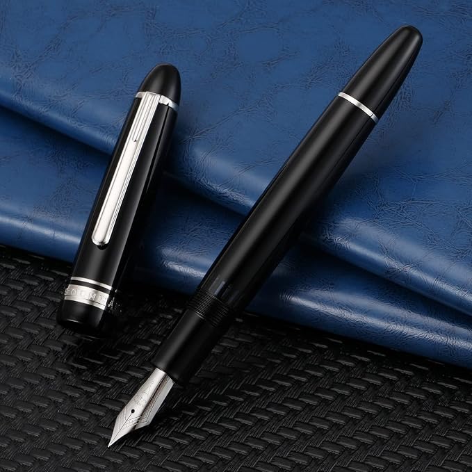erofa Majohn P136 Piston Fountain Pen Medium Nib with Box, Black Resin Writing Pen Set