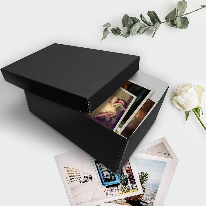 Lineco Archival Photo Card Box, Museum-Quality, 5x8x12 Inch, Black, 2 Pack | Acid-Free with Removable Lid, Metal-Edge Corner, Bulk Storage and Preservation for Negatives, Prints, Films, Photos, Snapshot