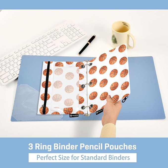 Basketball Pencil Pouches for 3 Ring Binder, Zipper Binder Pencil Case, 2 Pack Clear Window Case Bag for Office Organizers