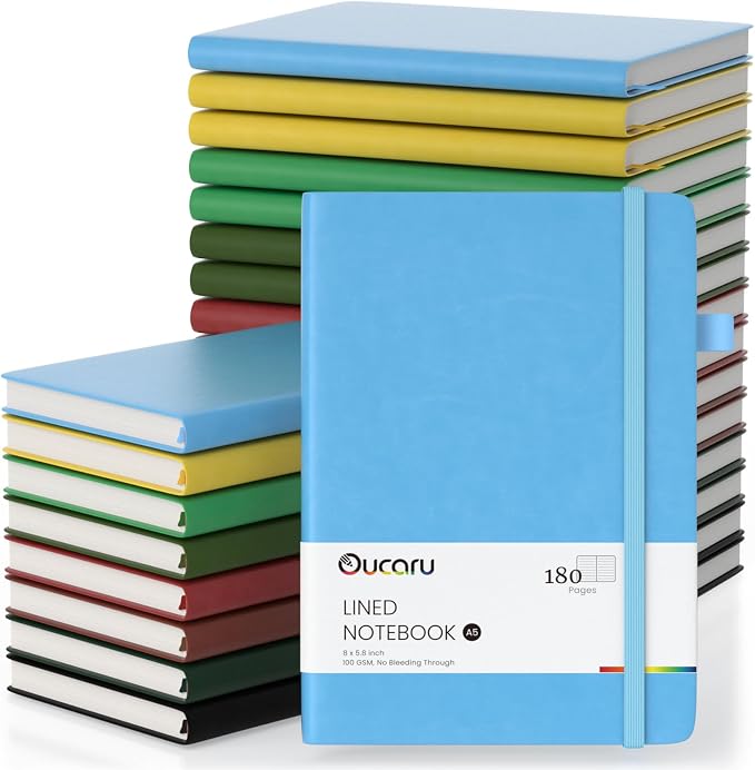Oucaru Bulk 24 Pack A5 Lined Journal Notebook Set, 180 Pages 100 GSM Paper | Bulk 24 Pack Office Supply, 100 GSM Thick Paper No Ghosting, 180 Lined Pages, 180° Lay Flat, Pen Loop, Inner Pocket