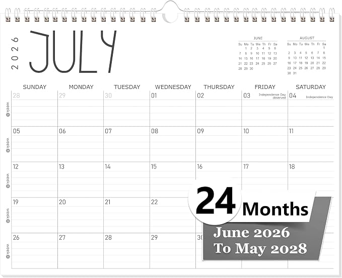GuassLee Wall Calendar 2026-2028, 24-Month Academic Calendar Runs from June 2026 until May 2028,14" X 11" Hanging Monthly Planner with Thick Paper, Ruled Blocks for Home School Office Organizing
