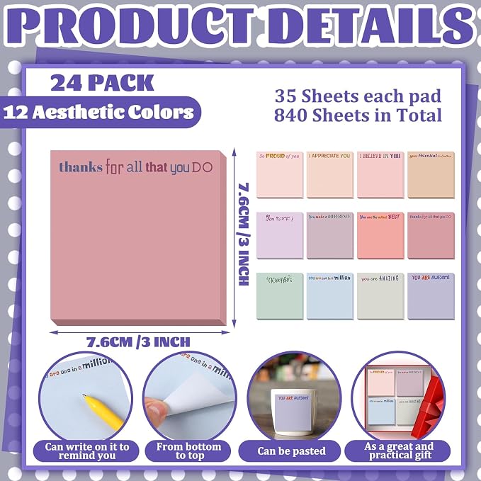Yinder 24 Pcs Sticky Notes Gifts Bulk,Thank You,Aesthetics