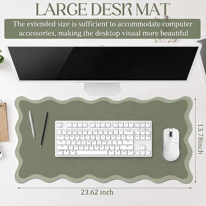 Hahafelt Scalloped Desk Mat Large Desk Pad Cute Coquette Table Mat Back to School Preppy Table Make up Pad Nonslip Graduation Gift with Stitching Waterproof Gaming(Sage Green,31.5 x 15.8 Inches)