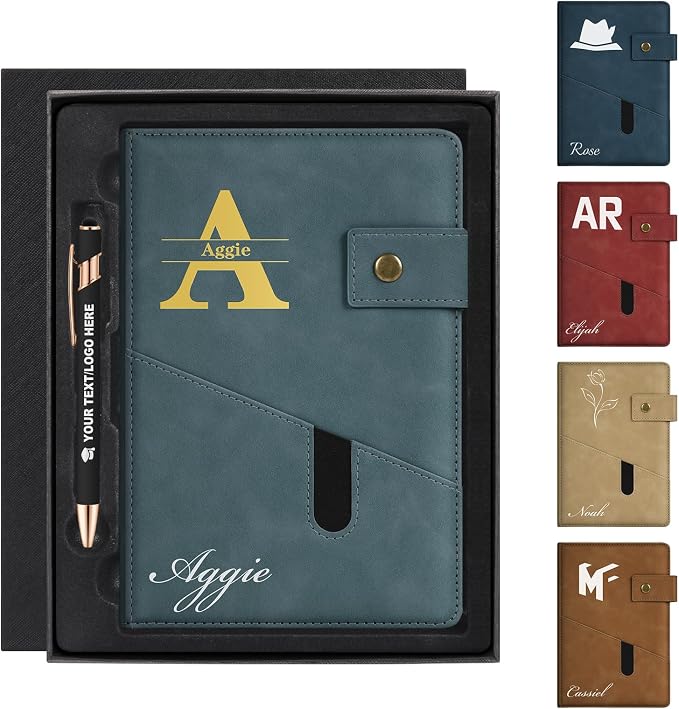 ENOMY Personalized Notebook & Pen Set PU Leather Custom A5 Notebook with Lock 200 Lined Paper Pages Luxury Gift Box for Men Women Travel College Business Gift, Gray Blue