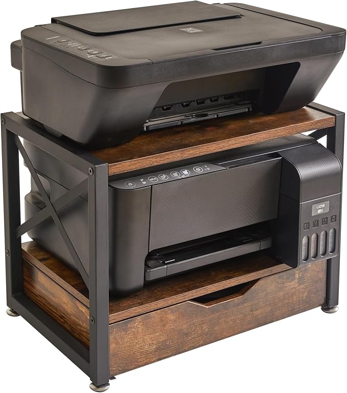 IBUYKE 2 Tier Desktop Printer Stand with Drawer Storage TLJ006H | Multi-Purpose Desk Organizer,Wooden Printer Stand for Folders,Books,for Fax Machine, Scanner,Home Office
