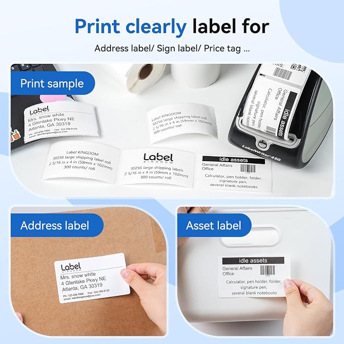 Compatible with Dymo Labelwriter 30256 Large Shipping Labels 2-5/16'' x 4'' | Thermal white paper label, for LW 450 Twin Turbo Duo printer, 59 mm x 102 mm, 300/Roll, 1 Roll, Black on white