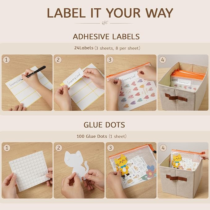 Collapsible Paper Storage Box with Lid, Grey | Office files & board games | Fits A4/B4 papers | Linen-look & dust-proof | Stackable | Includes labels & glue dots